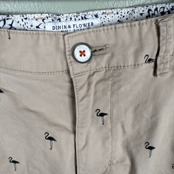 Denim & Flower Ricky Singh Shorts Mens 32 Tan Blue Flamingo Contrast Cuff Beach - Picture 4 of 9